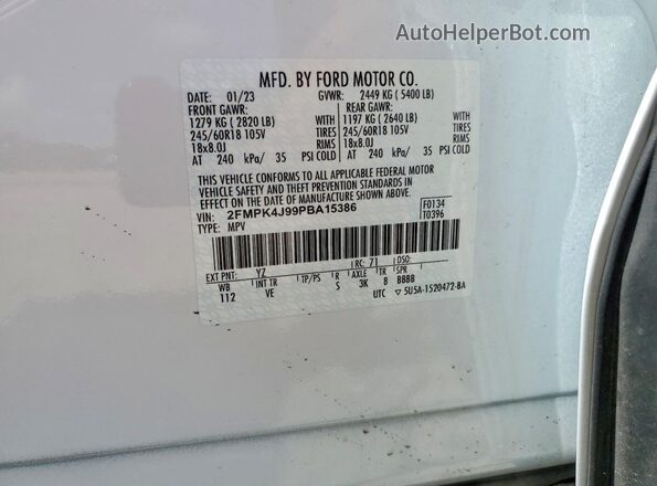 2FMPK4J99PBA15386 2023 FORD EDGE White Vista de la etiqueta del VIN