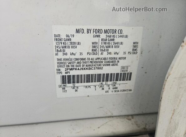 2FMPK4J9XKBC37802 2019 FORD EDGE White Вид підкапотного простору