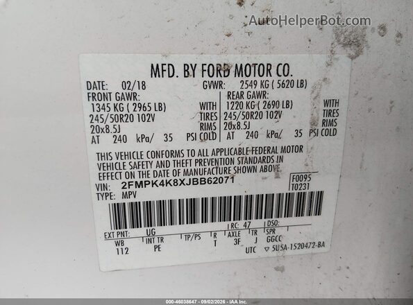 2FMPK4K8XJBB62071 2018 FORD EDGE White Շարժիչի բաժամունքի տեսք