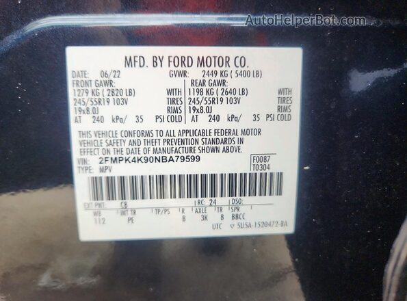 2FMPK4K90NBA79599 2022 FORD EDGE Black Vista de la etiqueta del VIN