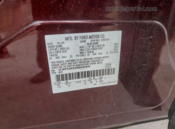 2FMPK4K92RBA82848 2024 FORD EDGE Burgundy Vista interior de 360 grados
