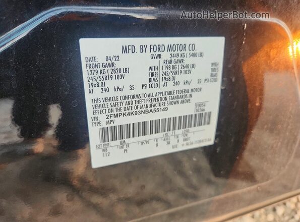 2FMPK4K93NBA55149 2022 FORD EDGE Черный Вид наклейки с VIN-кодом