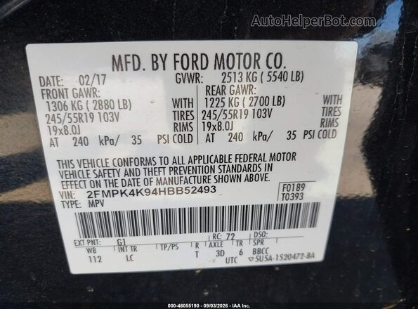 2FMPK4K94HBB52493 2017 FORD EDGE Черный Вид подкапотного пространства