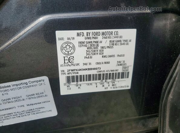 2FMPK4K94KBB98073 2019 FORD EDGE Charcoal Widok naklejki z numerem VIN