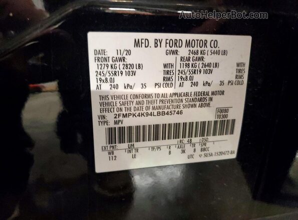2FMPK4K94LBB45746 2020 FORD EDGE Black Widok naklejki z numerem VIN