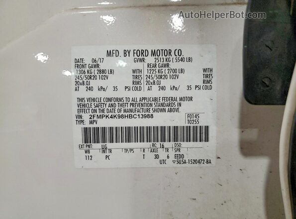 2FMPK4K98HBC13988 2017 FORD EDGE Белый Вид наклейки с VIN-кодом