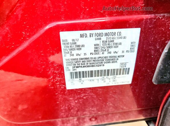 2FMPK4K98HBC52919 2017 FORD EDGE Burgundy VIN კოდის სტიკერის ხედი