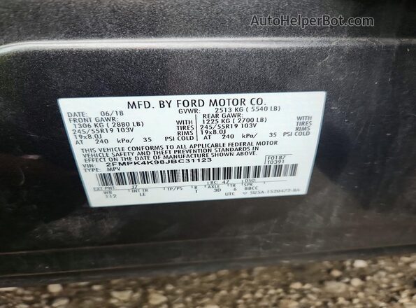 2FMPK4K98JBC31123 2018 FORD EDGE Gray Vista interior de 360 grados