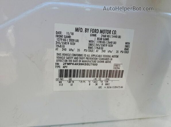 2FMPK4K99KBB27600 2019 FORD EDGE White სალონის 360-გრადუსიანი ხედი