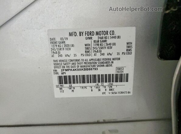 2FMPK4K9XKBB88793 2019 FORD EDGE Silver სალონის 360-გრადუსიანი ხედი