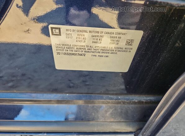 2G1105S35H9174472 2017 CHEVROLET IMPALA Blue VIN կոդի պիտակի տեսք