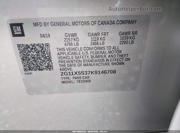 2G11X5S37K9146708 2019 CHEVROLET IMPALA Silver Vista del compartimento del motor