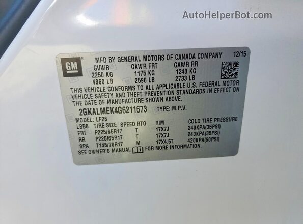 2GKALMEK4G6211673 2016 GMC TERRAIN White Vista de la etiqueta del VIN