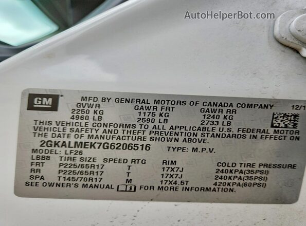 2GKALMEK7G6206516 2016 GMC TERRAIN White Widok naklejki z numerem VIN