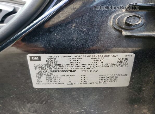 2GKALMEK7G6337042 2016 GMC TERRAIN Black VIN კოდის სტიკერის ხედი