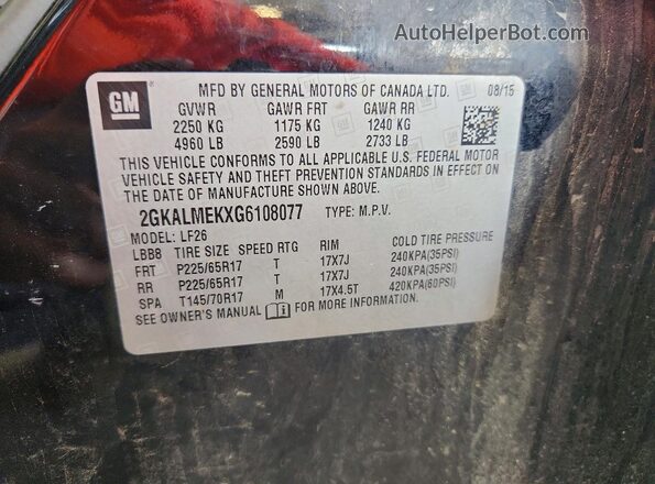 2GKALMEKXG6108077 2016 GMC TERRAIN Black Вид наклейки з VIN-кодом
