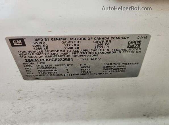2GKALPEK0G6232554 2016 GMC TERRAIN White Vista interior de 360 grados