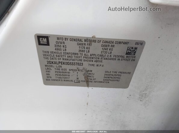 2GKALPEK0G6337823 2016 GMC TERRAIN White Engine compartment view