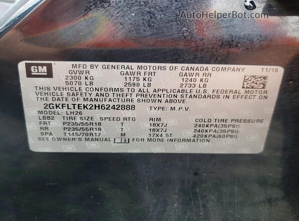 2GKFLTEK2H6242888 2017 GMC TERRAIN Black Vista de la etiqueta del VIN