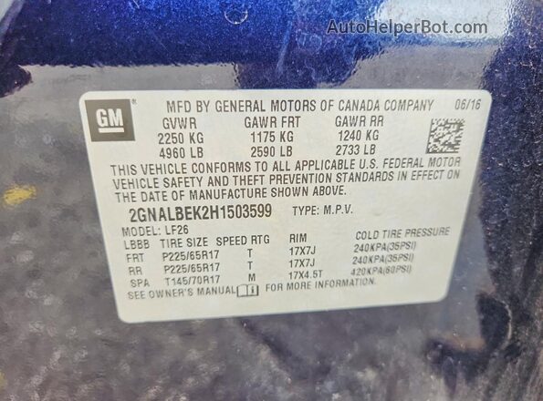 2GNALBEK2H1503599 2017 CHEVROLET EQUINOX Синий Панорамный вид салона 360°
