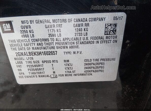 2GNALBEK3H1602657 2017 CHEVROLET EQUINOX Черный Вид подкапотного пространства