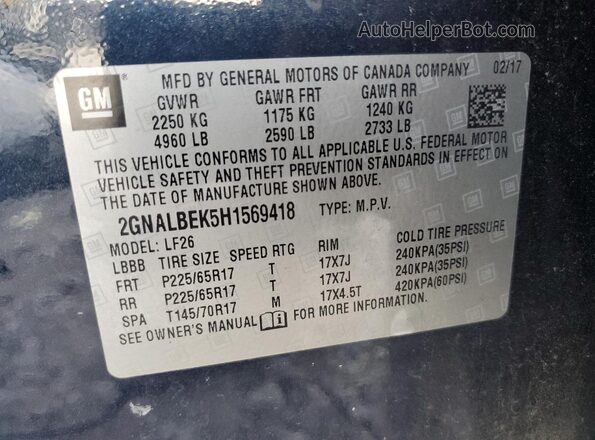 2GNALBEK5H1569418 2017 CHEVROLET EQUINOX Blue Панорамний вид салону 360°