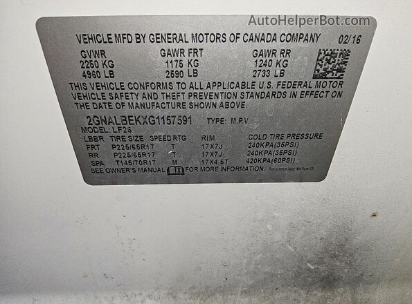 2GNALBEKXG1157591 2016 CHEVROLET EQUINOX Белый Вид наклейки с VIN-кодом
