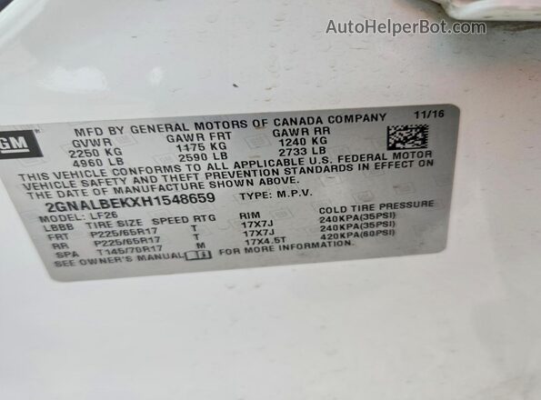2GNALBEKXH1548659 2017 CHEVROLET EQUINOX Белый Вид наклейки с VIN-кодом