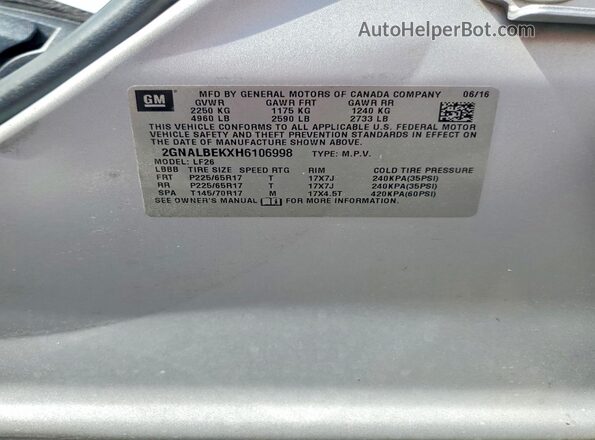 2GNALBEKXH6106998 2017 CHEVROLET EQUINOX Silver VIN კოდის სტიკერის ხედი