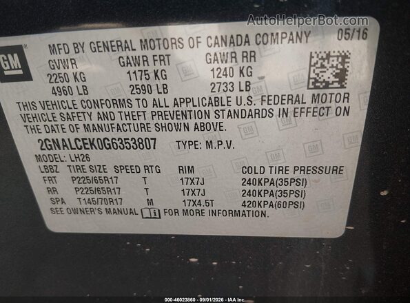 2GNALCEK0G6353807 2016 CHEVROLET EQUINOX Black Widok komory silnika