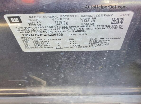 2GNALCEK8G6236895 2016 CHEVROLET EQUINOX Gray Вид наклейки з VIN-кодом