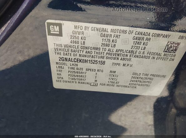 2GNALCEK8H1525158 2017 CHEVROLET EQUINOX Navy Շարժիչի բաժամունքի տեսք