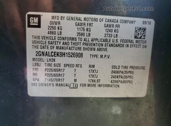 2GNALCEK8H1526908 2017 CHEVROLET EQUINOX Charcoal Widok naklejki z numerem VIN