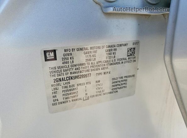 2GNALCEK9H6289977 2017 CHEVROLET EQUINOX Silver Widok naklejki z numerem VIN