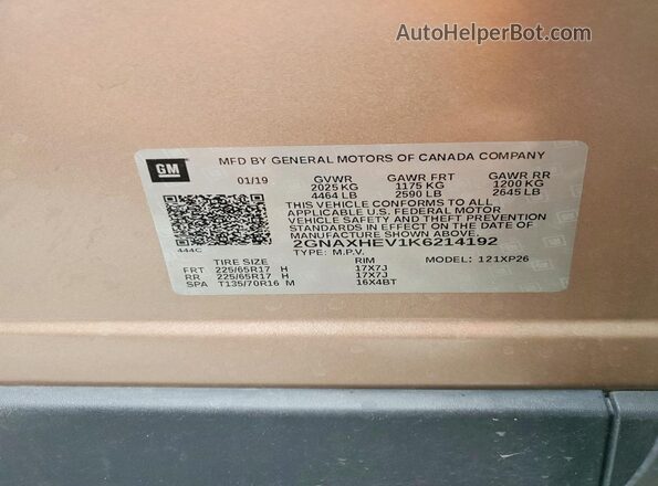 2GNAXHEV1K6214192 2019 CHEVROLET EQUINOX Желто-коричневый Вид подкапотного пространства