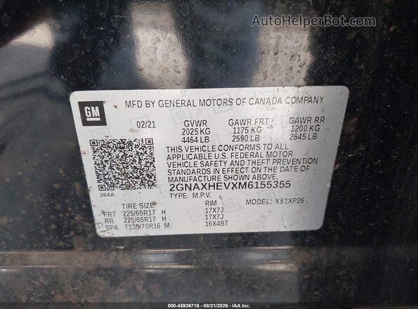 2GNAXHEVXM6155355 2021 CHEVROLET EQUINOX Black Engine compartment view