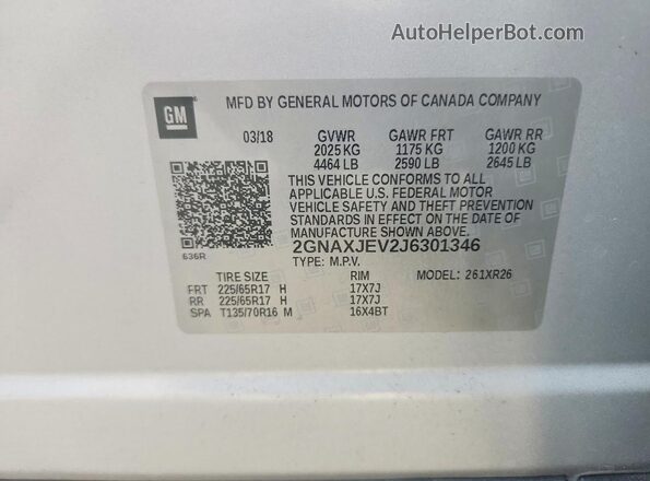 2GNAXJEV2J6301346 2018 CHEVROLET EQUINOX Silver Vista de la etiqueta del VIN