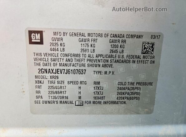 2GNAXJEV7J6107637 2018 CHEVROLET EQUINOX Silver Vista de la etiqueta del VIN