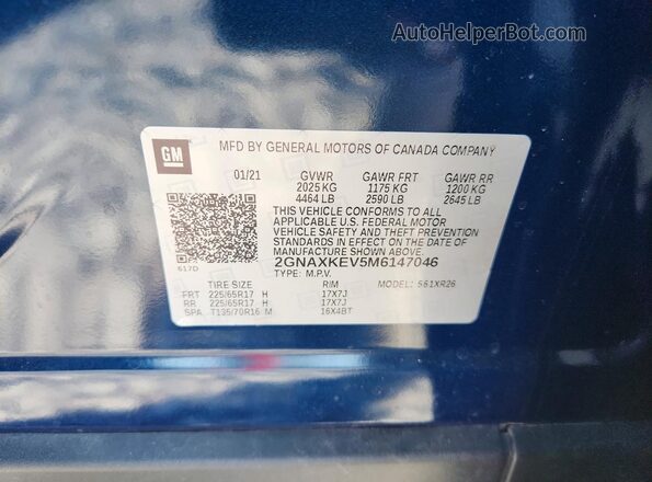 2GNAXKEV5M6147046 2021 CHEVROLET EQUINOX Синий Вид наклейки с VIN-кодом