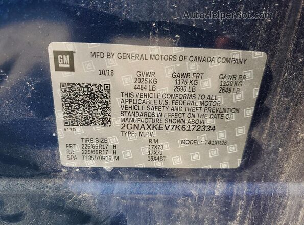 2GNAXKEV7K6172334 2019 CHEVROLET EQUINOX Blue Սալոնի 360 աստիճան տեսք