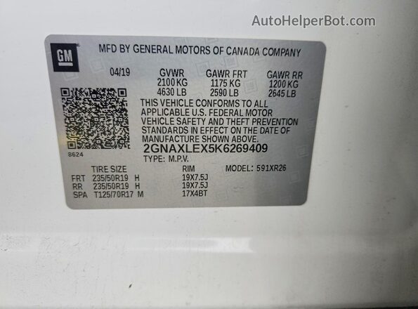 2GNAXLEX5K6269409 2019 CHEVROLET EQUINOX Белый Вид наклейки с VIN-кодом