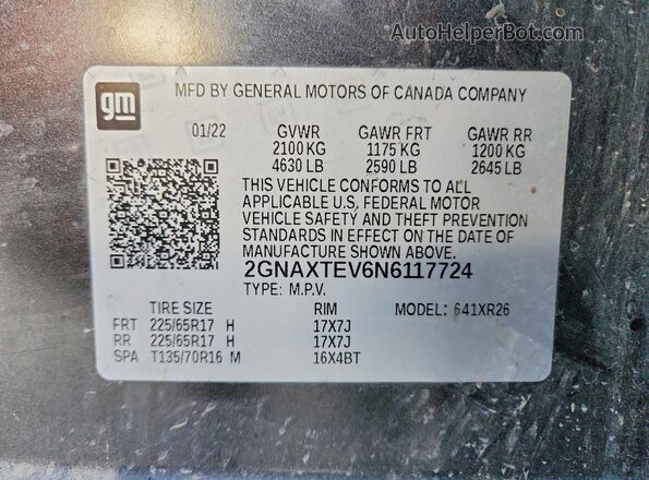 2GNAXTEV6N6117724 2022 CHEVROLET EQUINOX Charcoal VIN կոդի պիտակի տեսք
