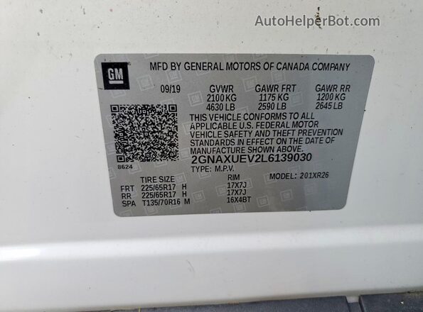 2GNAXUEV2L6139030 2020 CHEVROLET EQUINOX White Панорамний вид салону 360°