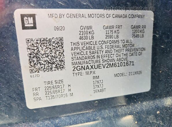 2GNAXUEV2M6101671 2021 CHEVROLET EQUINOX Blue 360 interior view