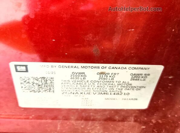 2GNAXUEV3M6148210 2021 CHEVROLET EQUINOX Burgundy Widok naklejki z numerem VIN