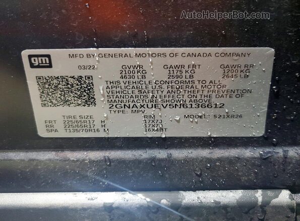 2GNAXUEV5N6136612 2022 CHEVROLET EQUINOX Blue Widok naklejki z numerem VIN