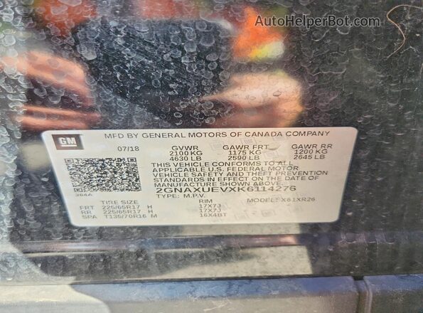 2GNAXUEVXK6114276 2019 CHEVROLET EQUINOX Черный Вид наклейки с VIN-кодом