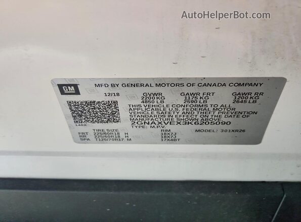2GNAXVEX3K6205090 2019 CHEVROLET EQUINOX White VIN կոդի պիտակի տեսք