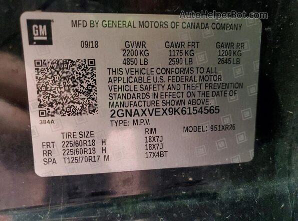 2GNAXVEX9K6154565 2019 CHEVROLET EQUINOX Black VIN sticker view