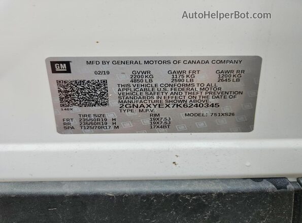 2GNAXYEX7K6240345 2019 CHEVROLET EQUINOX Белый Панорамный вид салона 360°